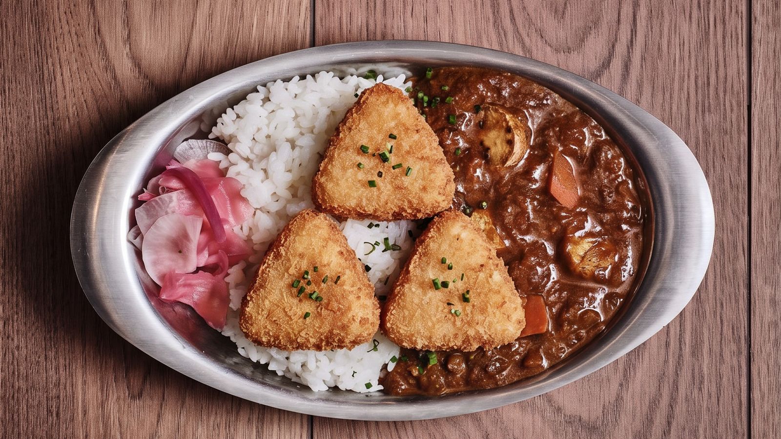Curry de Légende French Karé vu du dessus : trois korokke au fromage en triangle, riz japonais et sauce curry
