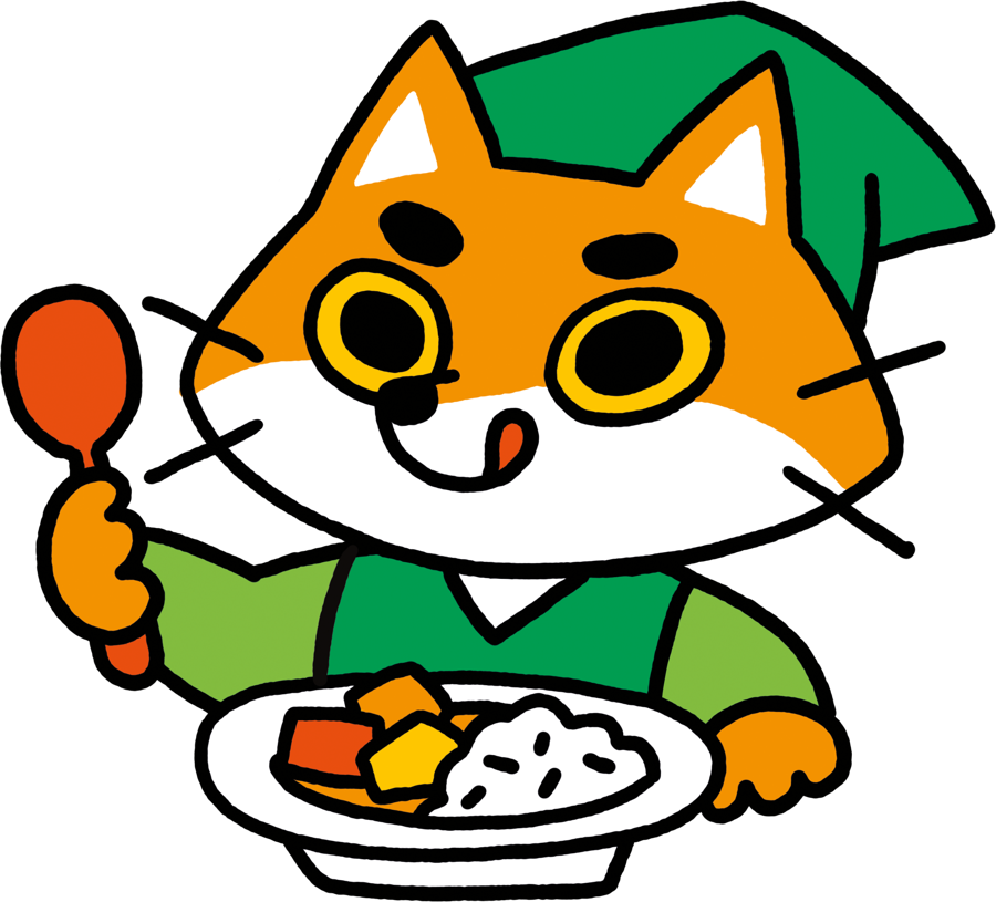 Henri le renard, mascotte de French Karé, en tenue d’aventurier verte devant une assiette de curry japonais